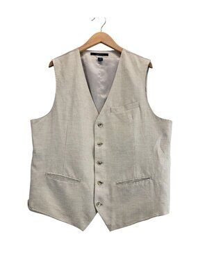 Perry Ellis Mens Vest Natural XL Linen Blend 5/Button 3/Pocket Waistcoat